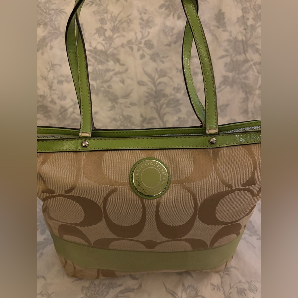 Coach Tan and Green Signature Tote